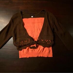 Knit minded Chocolate Brown Cardigan With Old navy Orange Tube Top, Size Medium